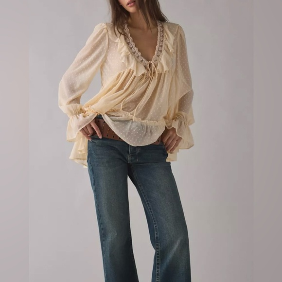 KIMCHI BLUE Bohemian Sheer Ivory Babydoll Tunic Top, M, NWT just beautiful - Picture 3 of 6